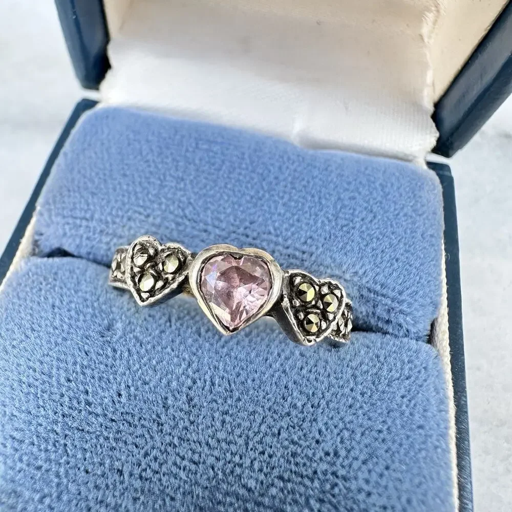 Amethyst Heart Ring Sterling Silver 925 Marcasite Sweetheart Vintage Size 8